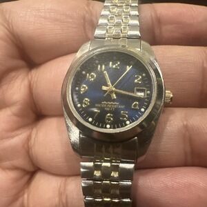 Working Vintage Watch Blue Dial 25mm w/ Two Toned Stainless Steel Stretch Band